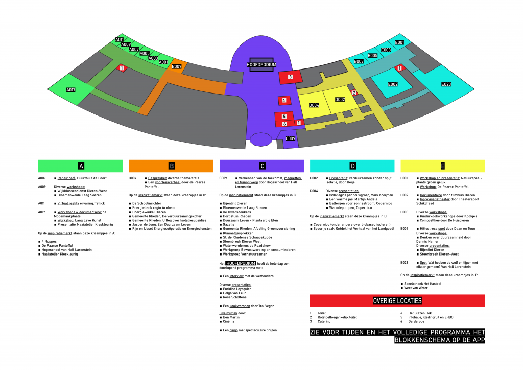 Plattegrond van waar de activiteiten worden gehouden tijdens het duurzaamheidsfestival op zaterdag 26 oktober 2024